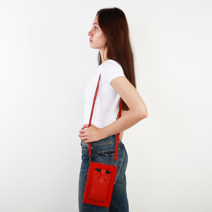 Leather Smartphone Crossbody Wallet - Red
