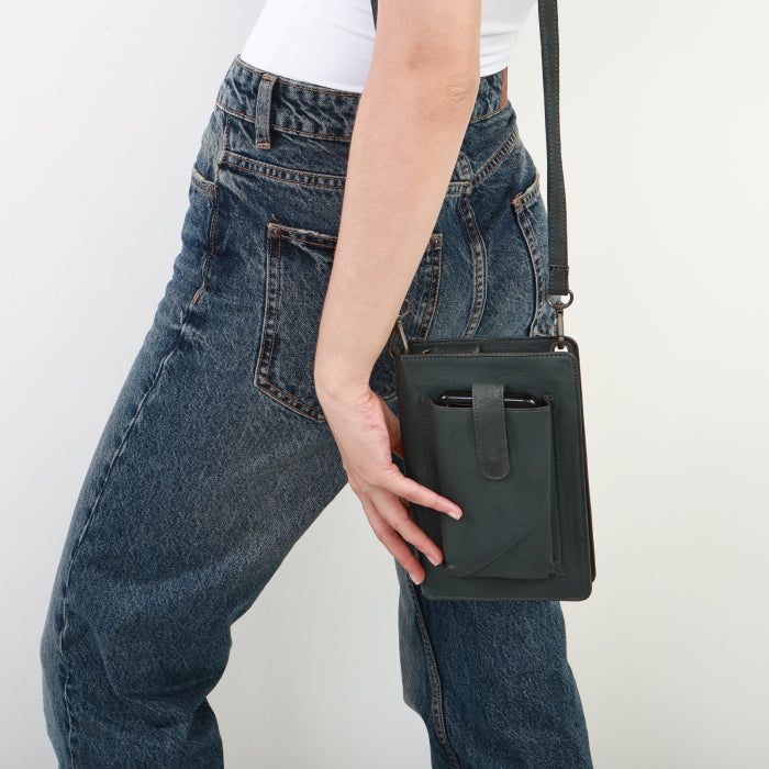 Leather Smartphone Crossbody Wallet - Grey