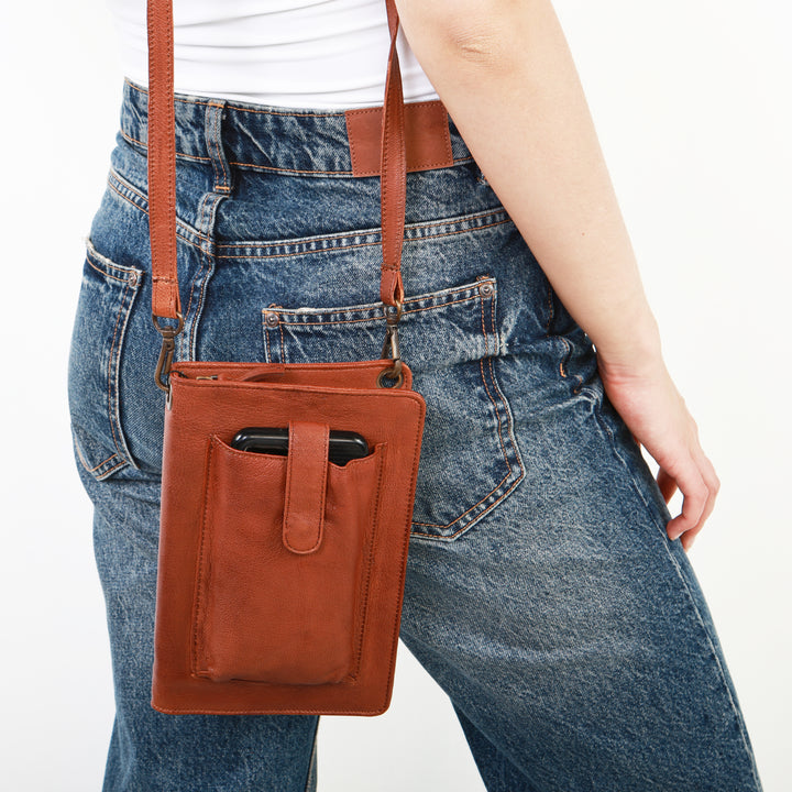 Leather Smartphone Crossbody Wallet - Brown