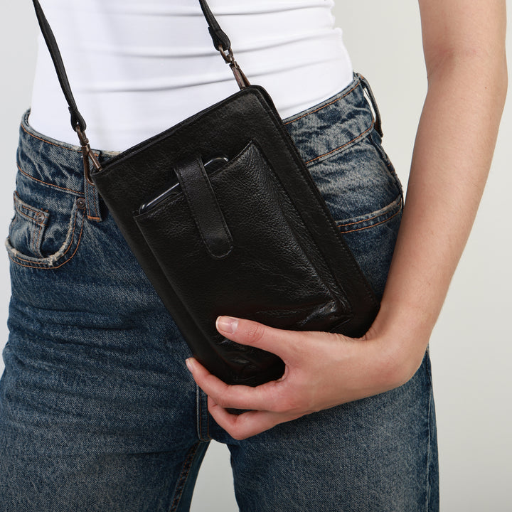 Leather Smartphone Crossbody Wallet - Black