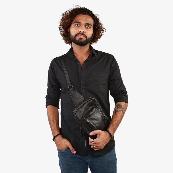Large Leather Chest Bag - Black