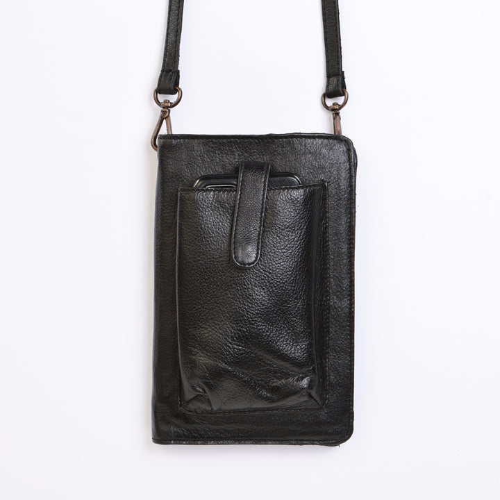 Leather Smartphone Crossbody Wallet - Black