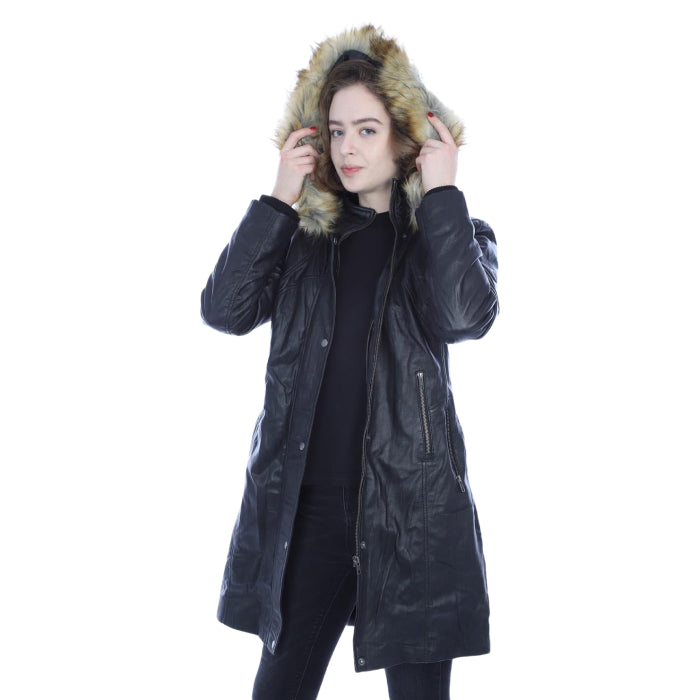 Ladies 3/4 length puffer jacket with hood