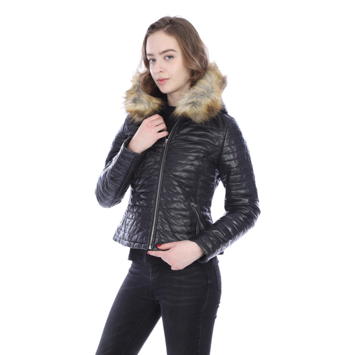 Black Puffy Leather Jacket With Hood