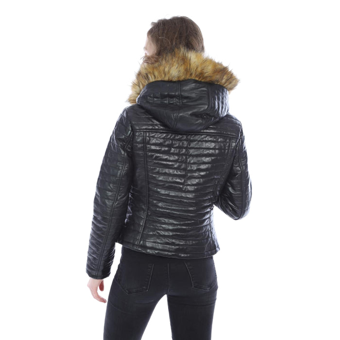 Black Puffy Leather Jacket With Hood