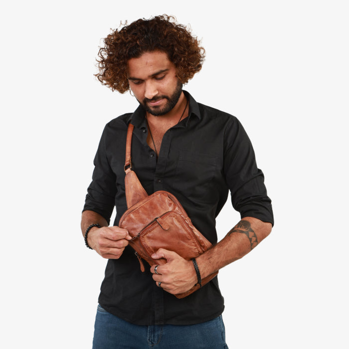 Large Leather Chest Bag - Cognac